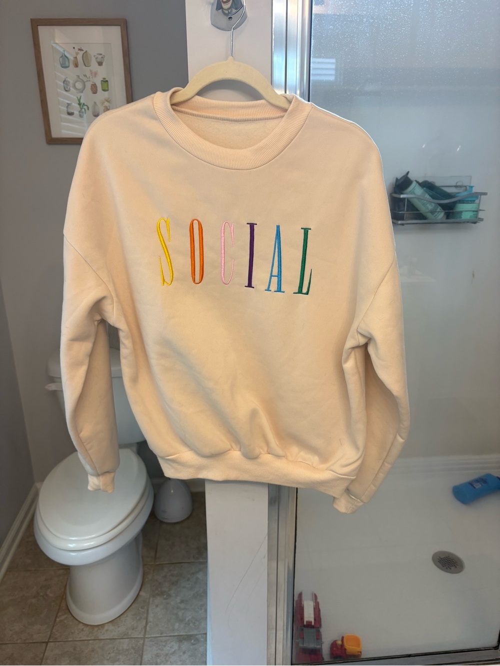 Cream Crewneck Sweatshirt with Rainbow 'SOCIAL' Embroidery - Unbranded